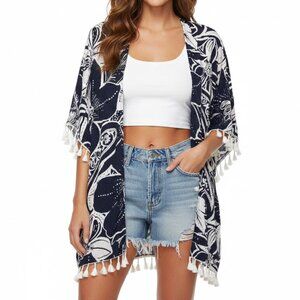 LA BLANCA Navy White Floral Tassel Kimono | Boho Open Front Cover Longline
